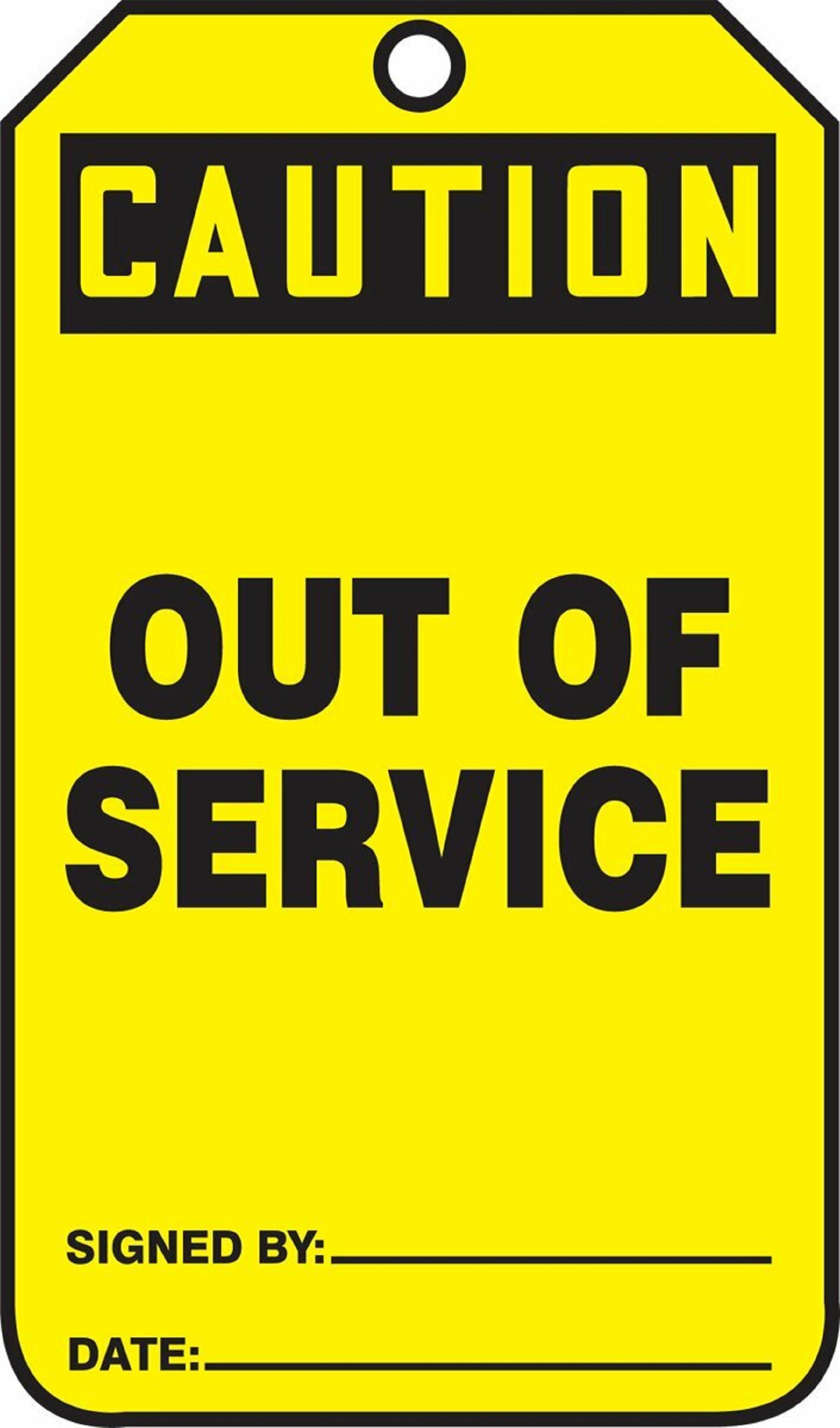 Osha Caution Safety Tag: Out Of Service, Black Text On Yellow Cardstock, 5Pk