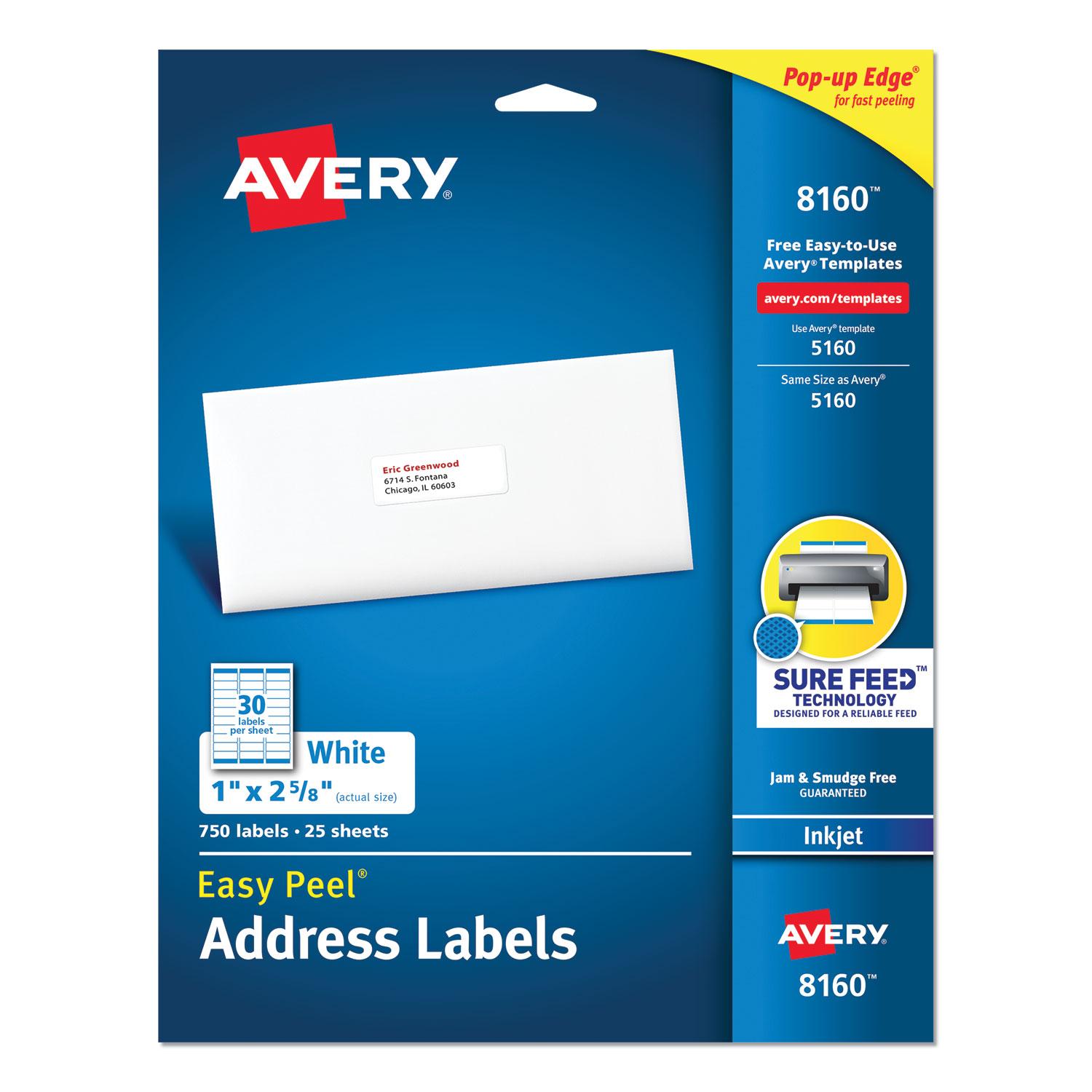 Avery® Easy Peel Mailing Address Labels, Inkjet, 1 x 2 5/8, White, 750/Pack