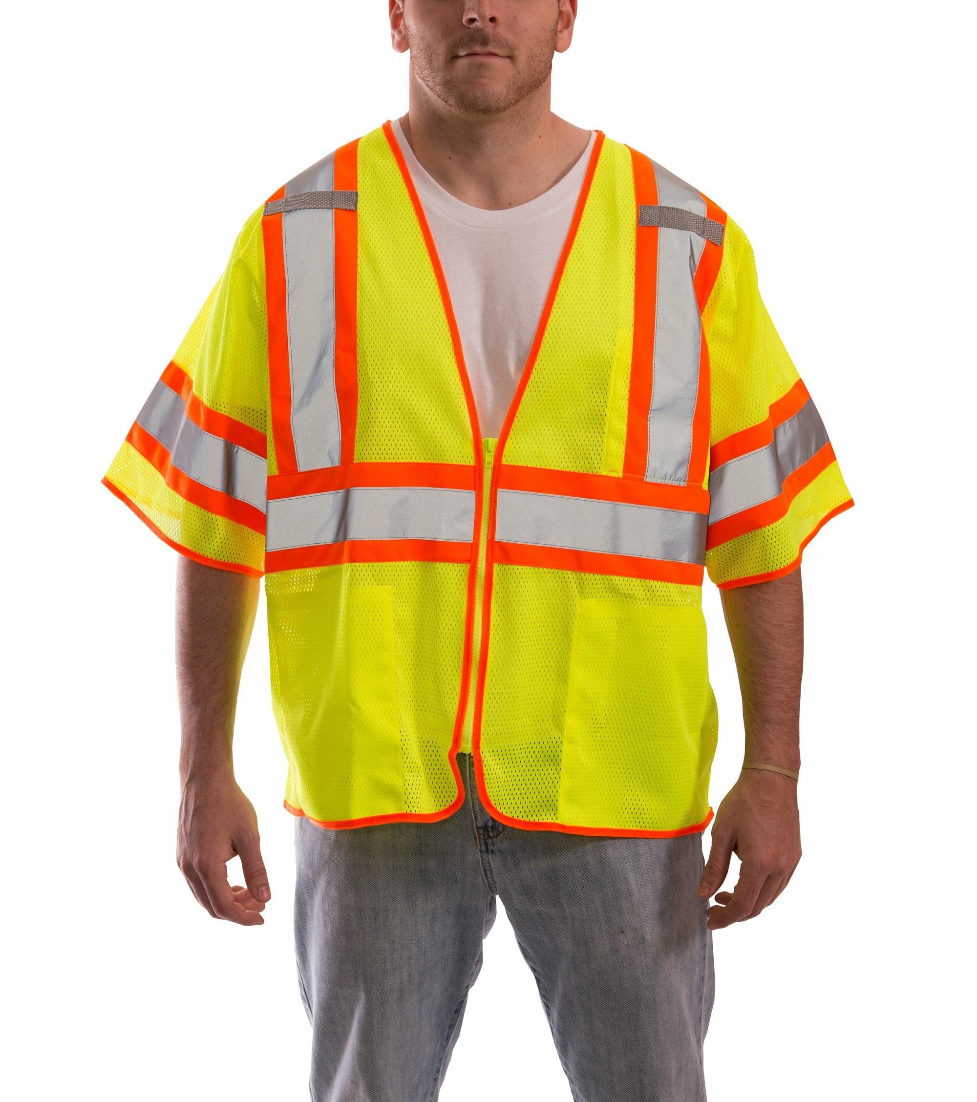 Class 3 Two-Tone Lime Mesh Safety Vest, Zipper Closure, 2-Mic Tabs, 4-Pockets, Size Large-XL