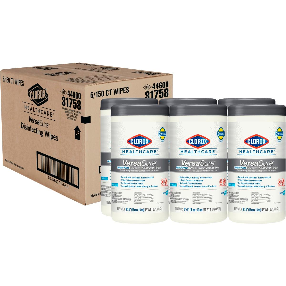 Clorox Healthcare VersaSure Cleaner Disinfectant Wipes, 150 Count Canister, Pack of 6 (31758)