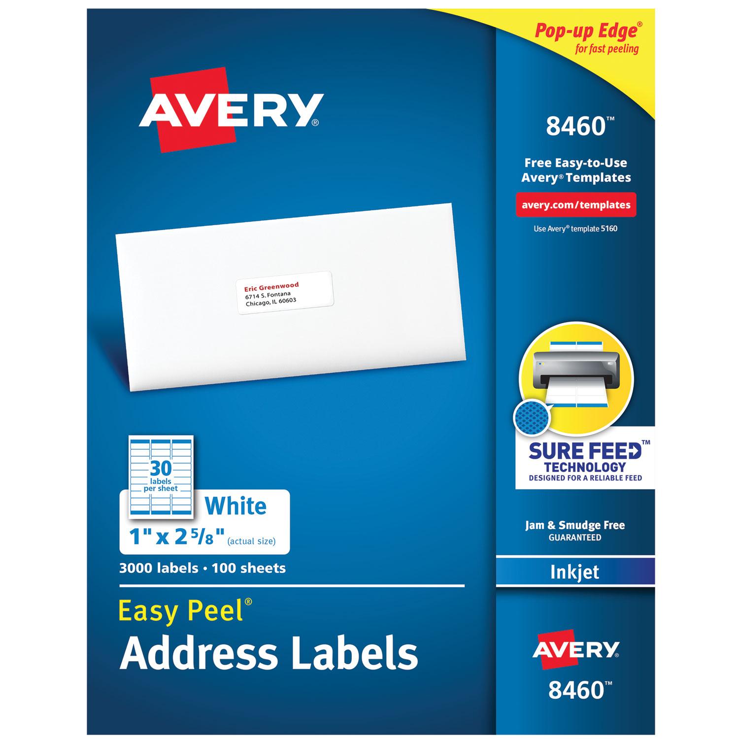 Avery® Easy Peel Mailing Address Labels, Inkjet, 1 x 2 5/8, White, 3000/Box