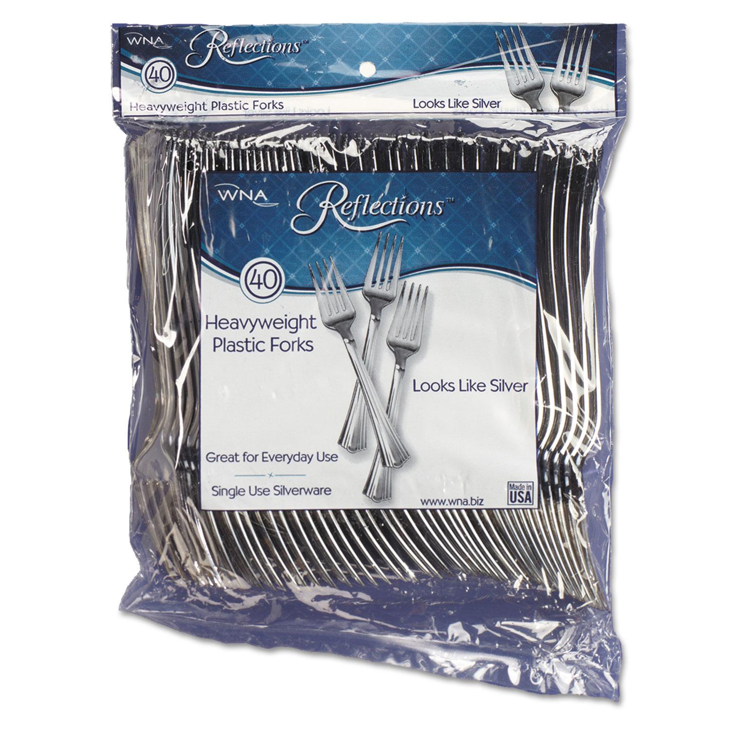 WNA Reflections Heavyweight Plastic Utensils, Fork, Silver, 7", 40/pack