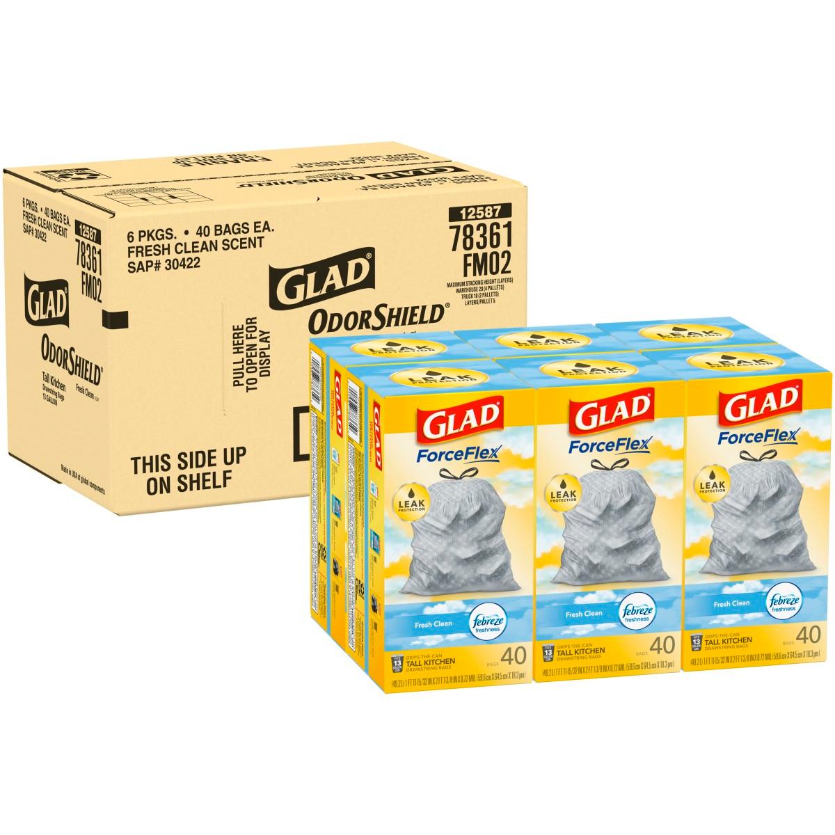 Glad® Glad ForceFlex Tall Kitchen Drawstring Trash Bags, 13 Gallon Trash Bag, Fresh Clean scent with Febreze Freshness, 40 Count, Pack of 6 (78361)